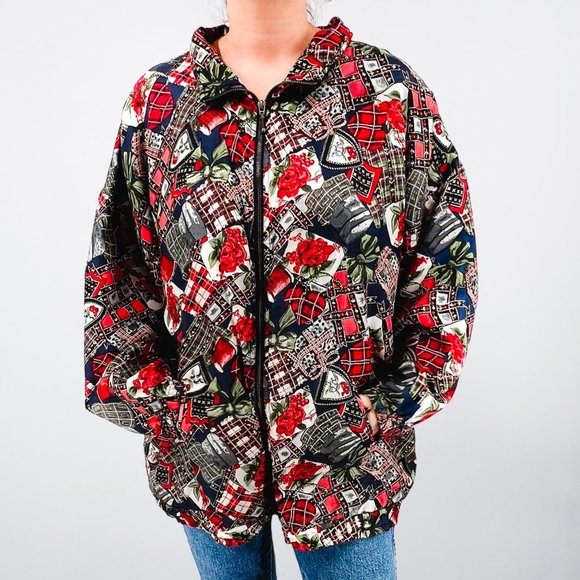 American Vintage Jackets & Blazers - Vintage EVR Plus Size 100% Silk Floral & Bow Novelty Zip Up Jacket - Size 3XL